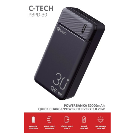 C-TECH Powerbanka 30000mAh, Li-Pol, 20W, USB-C/USB-A/micro USB C-TECH Powerbanka 30000mAh, Li-Pol, 20W, USB-C/USB-A/micro USB