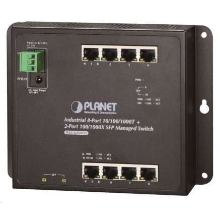 Planet WGS-4215-8T2S switch, správa Web/SNMP, DIN,IP30, -40~75°C, dual DC, fanless
