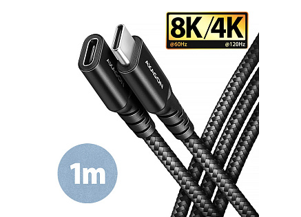 AXAGON BUCM32-CF10AB prodlužovací kabel USB-C (M)  USB-C (F), 1m, USB 20Gbps, PD 240W 5A, 8K HD, ALU, oplet, černý