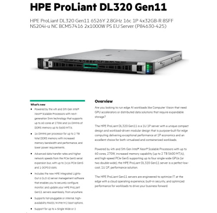 HPE PL DL320g11 6526Y (2.8/16C) 4x32G (p64706) 8SFF NS204(2x480Gm.2) VROC 2x1000W 2p10GT 7F Smart Choice