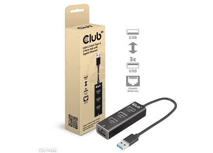 Club3D Rozbočovač, USB-A 3.2 Gen1 na 3x USB 3.1, Gigabit Ethernet Club3D Rozbočovač, USB-A 3.2 Gen1 na 3x USB 3.1, Gigabit Ethernet