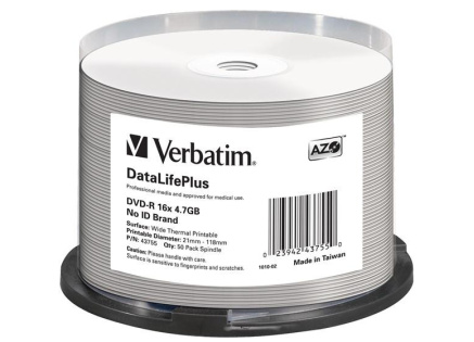 VERBATIM DVD-R(50-Pack)/Spindle/16X/4.7GB/DataLife Plus Wide Thermal Professional  No ID Brand