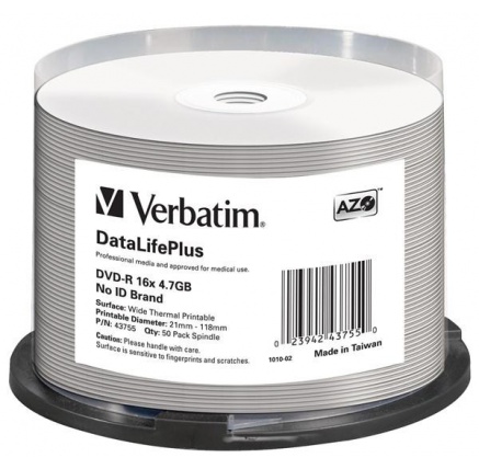 VERBATIM DVD-R(50-Pack)/Spindle/16X/4.7GB/DataLife Plus Wide Thermal Professional  No ID Brand