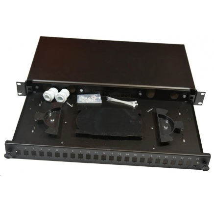 Optická vana výsuvná 1U, 24x SC simplex (24x LC duplex, 24x E2000) s kazetou pro 24 svarů, černá