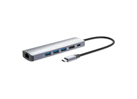 MANHATTAN Dokovací stanice USB-C 6v1, 1xHDMI, 1xUSB-C, 3xUSB, 1xRJ45, šedá