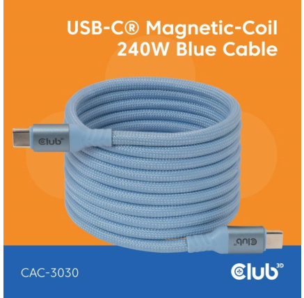 Club3D Kabel magnetický USB-C, 240W PD3.1, 480 Mbps, 2m, modrá