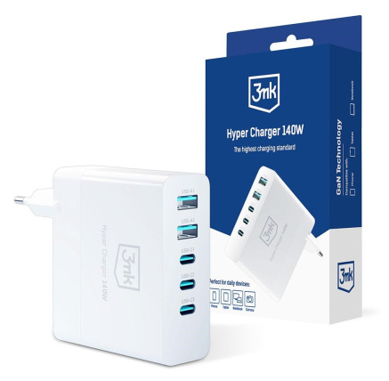 3mk síťová nabíječka - Hyper Charger 140W, GaN 3x USB-C (PD) / 2x USB, bílá 3mk síťová nabíječka - Hyper Charger 140W, GaN 3x USB-C (PD) / 2x USB, bílá