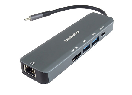 PREMIUMCORD Adaptér USB-C na Gigabit 10/100/1000Mbps + 1x HDMI,  2x USB3.2, 1x PD 100W konektor, Šedá