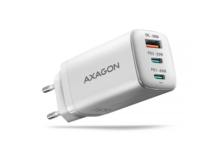 AXAGON ACU-DPQ65W, GaN nabíječka do sítě 65W, 3x port (USB-A + dual USB-C), PD3.0/QC4+/PPS/Apple, bílá