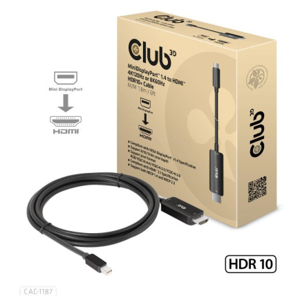 Club3D kabel miniDP 1.4 na HDMI, 4K120Hz nebo 8K60Hz HDR10+, M/M, 1.8m Club3D kabel miniDP 1.4 na HDMI, 4K120Hz nebo 8K60Hz HDR10+, M/M, 1.8m
