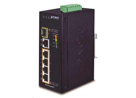 Planet IGS-614HPT, PoE switch, 5x 1000Base-T, 1x SFP, 4x PoE 802.3at, -40~+75°C, 12-56VDC, dual-power, DIN