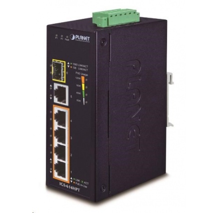 Planet IGS-614HPT, PoE switch, 5x 1000Base-T, 1x SFP, 4x PoE 802.3at, -40~+75°C, 12-56VDC, dual-power, DIN Planet IGS-614HPT, PoE switch, 5x 1000Base-T, 1x SFP, 4x PoE 802.3at, -40~+75°C, 12-56VDC, dual-power, DIN