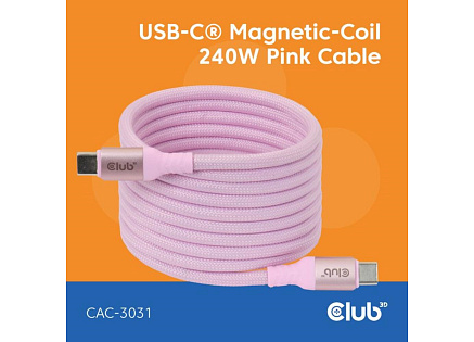 Club3D Kabel magnetický USB-C, 240W PD3.1, 480 Mbps, 2m, růžová