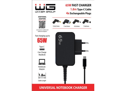 WG - Univerzální nabíječka 65W pro notebook s Type-C konektorem, + 4 adaptéry, kabel 1,8 metrů