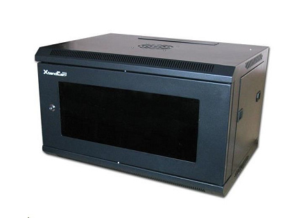 XtendLan 19" nástěnný rozvaděč 6U 600x450, nosnost 60 kg, skleněné kouřové dveře, svařovaný, černý XtendLan 19" nástěnný rozvaděč 6U 600x450, nosnost 60 kg, skleněné kouřové dveře, svařovaný, černý