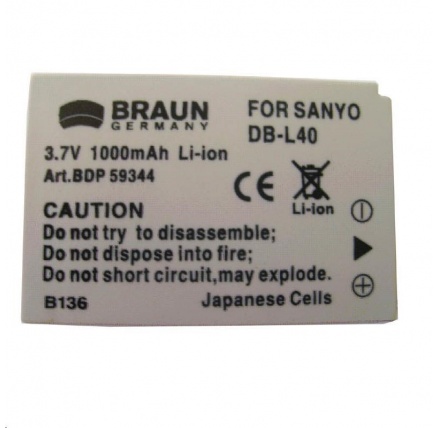 Braun akumulátor SANYO DB-L40, 1200mAh Braun akumulátor SANYO DB-L40, 1200mAh