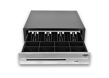 Virtuos pokladní zásuvka C430D - s kabelem, kovové držáky, nerez panel, 9-24V, černá