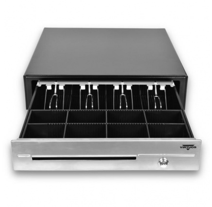 Virtuos pokladní zásuvka C430D - s kabelem, kovové držáky, nerez panel, 9-24V, černá