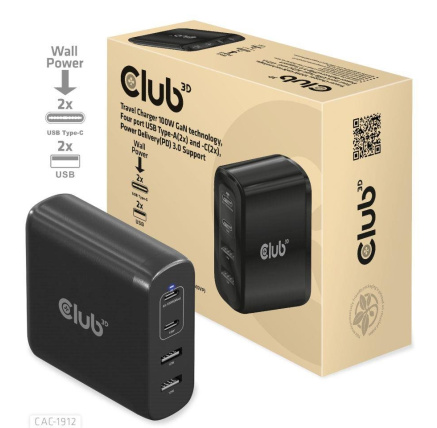 Club3D cestovní nabíječka 100W GAN technologie, 2xUSB-A a 2xUSB-C, PD 3.0 Support Club3D cestovní nabíječka 100W GAN technologie, 2xUSB-A a 2xUSB-C, PD 3.0 Support