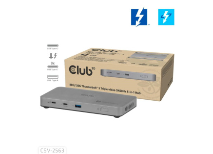 Club3D hub Thunderbolt 5 5v1, 3x USB-C TB5, 1x USB-A, 1x8K60Hz, 3x 5K60Hz, certifikace Thunderbolt Share, 180W Club3D hub Thunderbolt 5 5v1, 3x USB-C TB5, 1x USB-A, 1x8K60Hz, 3x 5K60Hz, certifikace Thunderbolt Share, 180W