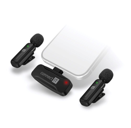 CONNECT IT Mikrofon ClipMic, 2x Bezdrátový Lavalier mikrofón s přijímačem, USB-C konektor, černá