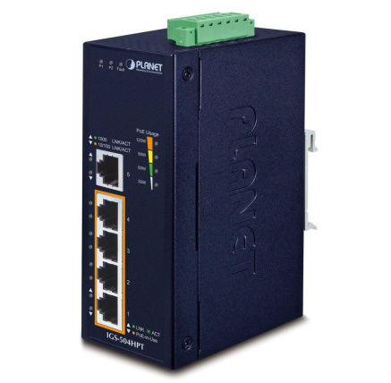 Planet switch IGS-504HPT, průmysl.verze 5xGbE, DIN, 4xPoE+, IP40, -40 až 75°C, 12-56V Planet switch IGS-504HPT, průmysl.verze 5xGbE, DIN, 4xPoE+, IP40, -40 až 75°C, 12-56V