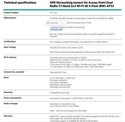 HPE Networking Instant On Access Point Dual Radio Tri Band 2x2 Wi-Fi 6E 5-Pack (RW) AP32 HPE Networking Instant On Access Point Dual Radio Tri Band 2x2 Wi-Fi 6E 5-Pack (RW) AP32