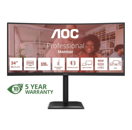 AOC MT 34" CU34E4CV - 3440x1440,VA,120Hz,HDR10,2xHDMI,DP,USBhub,USB-C,RJ45,repro,Zakřivený