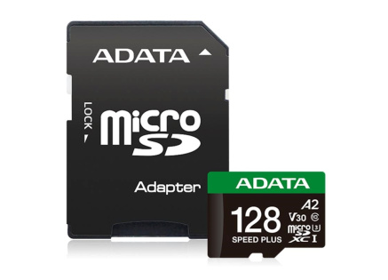 ADATA MicroSDXC karta 128GB Speed Plus, U3, C10, A2, V30 (R:180/W:160 MB/s) + SD adaptér ADATA MicroSDXC karta 128GB Speed Plus, U3, C10, A2, V30 (R:180/W:160 MB/s) + SD adaptér