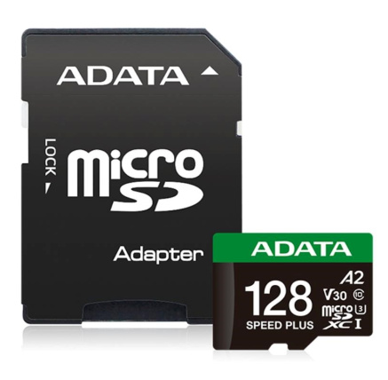 ADATA MicroSDXC karta 128GB Speed Plus, U3, C10, A2, V30 (R:180/W:160 MB/s) + SD adaptér