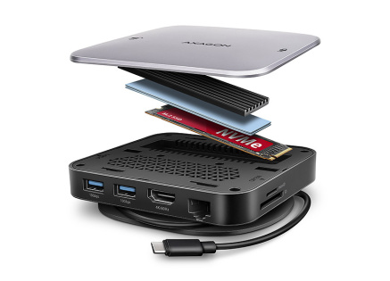 AXAGON HMC-UFO, USB 10Gbps hub, 2x USB-A, USB-C, HDMI 4k/60, RJ-45, M.2 slot, SD/mSD, audio, PD 100W, kabel USB-C 65cm AXAGON HMC-UFO, USB 10Gbps hub, 2x USB-A, USB-C, HDMI 4k/60, RJ-45, M.2 slot, SD/mSD, audio, PD 100W, kabel USB-C 65cm