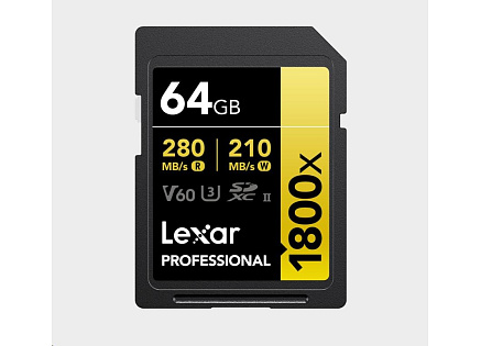 Lexar SDXC Pro 1800x U3 UHS-II R280/W210 (V60) 64GB Lexar SDXC Pro 1800x U3 UHS-II R280/W210 (V60) 64GB