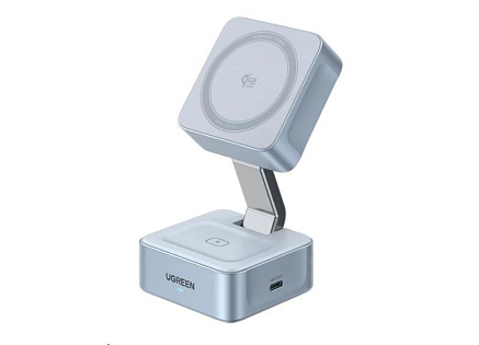 UGREEN magnetická bezdrátová nabíječka 2v1 MagFlow Qi2.2, 25W, MagSafe, stříbrná UGREEN magnetická bezdrátová nabíječka 2v1 MagFlow Qi2.2, 25W, MagSafe, stříbrná