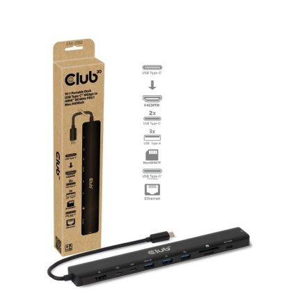 Club3D Dokovací stanice USB-C 10v1, 140W PD, 1xHDMI, 3xUSB-C, 3xUSB, 1xRJ45, černá