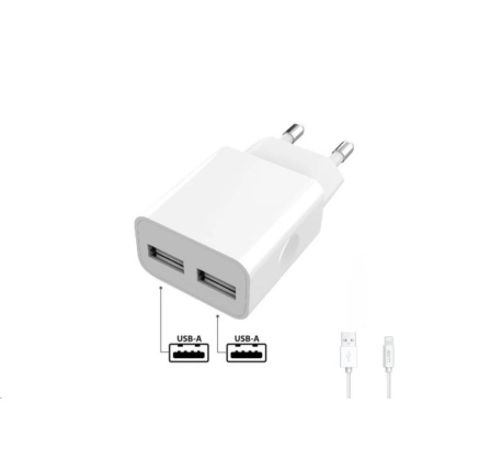 WG - Síťová nabíječka 2x USB-A 2,4A , Smart IC + kabel USB-A na Lightning, white WG - Síťová nabíječka 2x USB-A 2,4A , Smart IC + kabel USB-A na Lightning, white