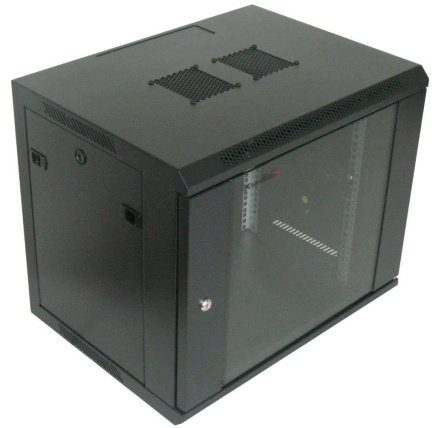 XtendLan 19" nástěnný rozvaděč 9U 600x450, nosnost 60 kg, skleněné kouřové dveře, rozložený, černý