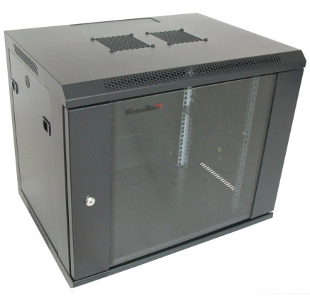 XtendLan 19" nástěnný rozvaděč 12U 600x600, nosnost 60 kg, skleněné dveře, rozložený, černý