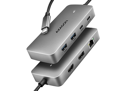 AXAGON HMC-CUB83X2, USB 10Gbps hub, 2x USB-A, USB-C, HDMI & DP 4k/144Hz, RJ-45 GLAN, PD 100W, kabel USB-C 15cm