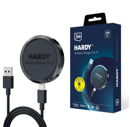 3mk bezdrátová nabíječka - Hardy Wireless Charger 2in1 s funkcí stojánku, 15w, černá