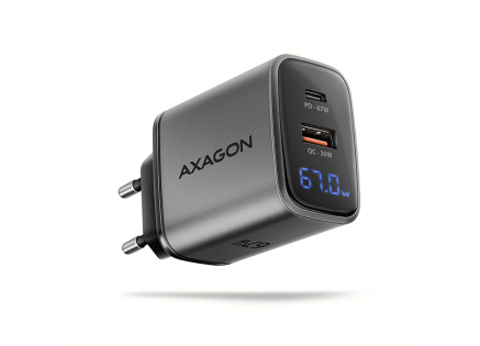 AXAGON ACU-PQ67D GaN nabíječka do sítě 67W, USB-A + USB-C, PD3.0/PPS/QC4+/SFC2.0/Apple, LCD display