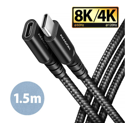 AXAGON BUCM32-CF15AB prodlužovací kabel USB-C (M) <-> USB-C (F), 1.5m, USB 20Gbps, PD 240W 5A, 8K HD, ALU, oplet, černý AXAGON BUCM32-CF15AB prodlužovací kabel USB-C (M) <-> USB-C (F), 1.5m, USB 20Gbps, PD 240W 5A, 8K HD, ALU, oplet, černý