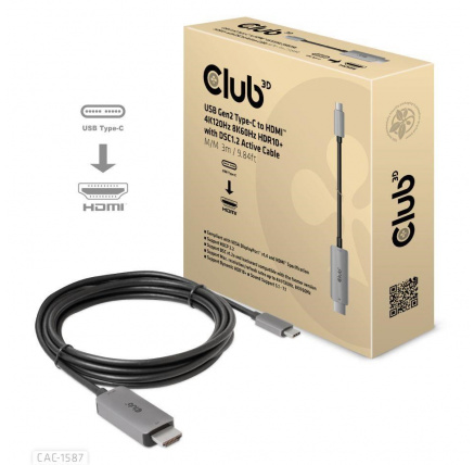 Club3D kabel USB-C na HDMI, 4K120Hz 8K60Hz HDR10 s DSC1.2, Aktivní kabel, M/M, 3m
