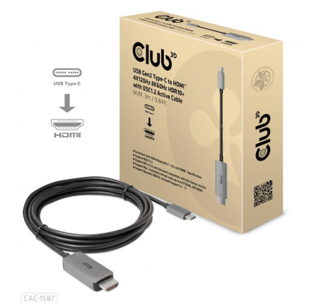 Club3D kabel USB-C na HDMI, 4K120Hz 8K60Hz HDR10 s DSC1.2, Aktivní kabel, M/M, 3m Club3D kabel USB-C na HDMI, 4K120Hz 8K60Hz HDR10 s DSC1.2, Aktivní kabel, M/M, 3m