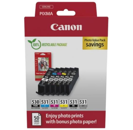 Canon Cartridge PGI-530/CLI-531 PGBK/C/M/Y/BK/GY + Canon PAPÍR GP-501 4X6 50 Canon Cartridge PGI-530/CLI-531 PGBK/C/M/Y/BK/GY + Canon PAPÍR GP-501 4X6 50