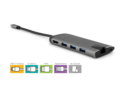 VERBATIM Dokovací stanice USB-C 7v1, 1xHDMI, 1xUSB-C, 3xUSB, 1xRJ45, čtečka SD karet, šedá