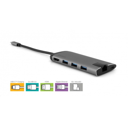 VERBATIM Dokovací stanice USB-C 7v1, 1xHDMI, 1xUSB-C, 3xUSB, 1xRJ45, čtečka SD karet, šedá VERBATIM Dokovací stanice USB-C 7v1, 1xHDMI, 1xUSB-C, 3xUSB, 1xRJ45, čtečka SD karet, šedá