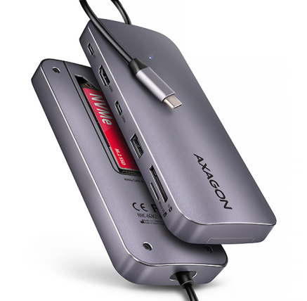 AXAGON HMC-6GM2, USB 10Gbps hub, USB-A, USB-C, HDMI, M.2 slot, SD/MicroSD, PD 100W, kabel USB-C 20cm