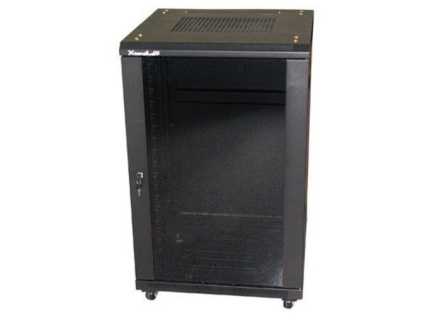 XtendLan 19" stojanový rozvaděč 27U 600x800, nosnost 800kg, skleněné dveře, plná záda, kolečka, rozložený, černý