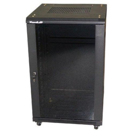 XtendLan 19" stojanový rozvaděč 27U 600x800, nosnost 800kg, skleněné dveře, plná záda, kolečka, rozložený, černý