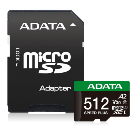ADATA MicroSDXC karta 512GB Speed Plus, U3, C10, A2, V30 (R:180/W:160 MB/s) + SD adaptér